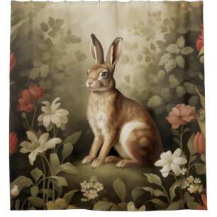 Vintage Woodland Rabbit in a Floral Forest Shower Curtain