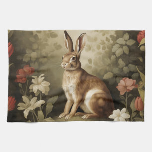 Vintage Woodland Rabbit in a Floral Forest Tea Towel