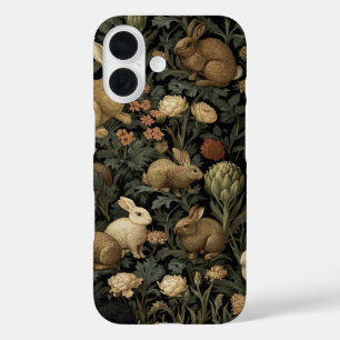 Vintage Woodland Rabbit Pattern Dark Botanical iPhone 16 Case