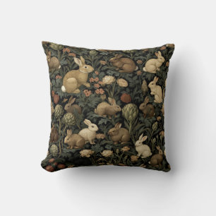 Vintage Woodland Rabbit Pattern Dark Botanical Cushion