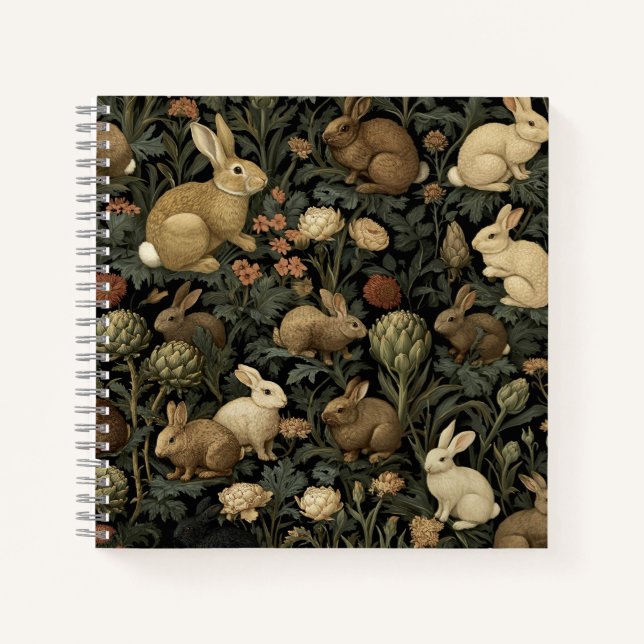 Vintage Woodland Rabbit Pattern Dark Botanical Notebook (Front)