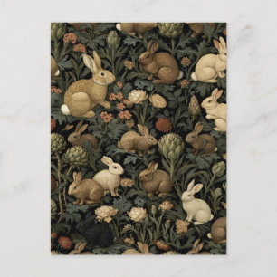 Vintage Woodland Rabbit Pattern Dark Botanical Postcard