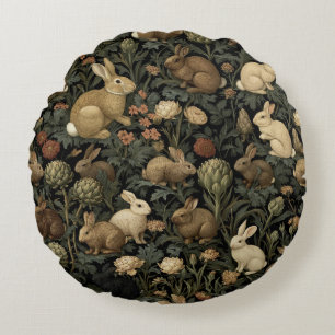 Vintage Woodland Rabbit Pattern Dark Botanical Round Cushion