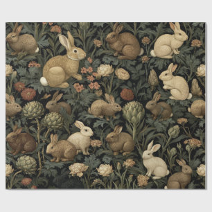 Vintage Woodland Rabbit Pattern Dark Botanical Wrapping Paper