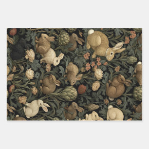 Vintage Woodland Rabbit Pattern Dark Botanical Wrapping Paper Sheet