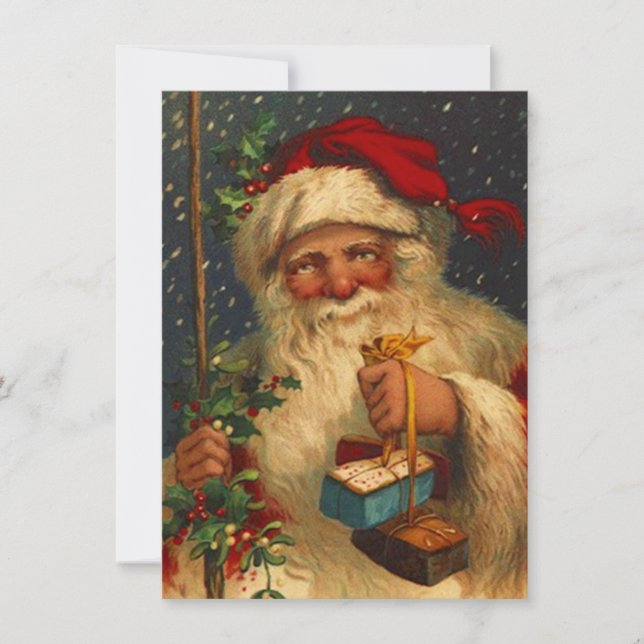 Vintage Woodland Santa Delivering Gifts Snowing Holiday Card (Front)