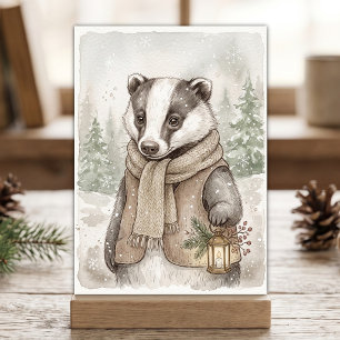 Vintage Woodland Winter Badger Watercolor Forest Card