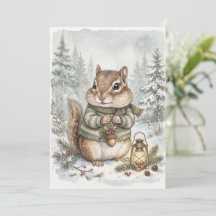 Vintage Woodland Winter Chipmunk Rustic Forest