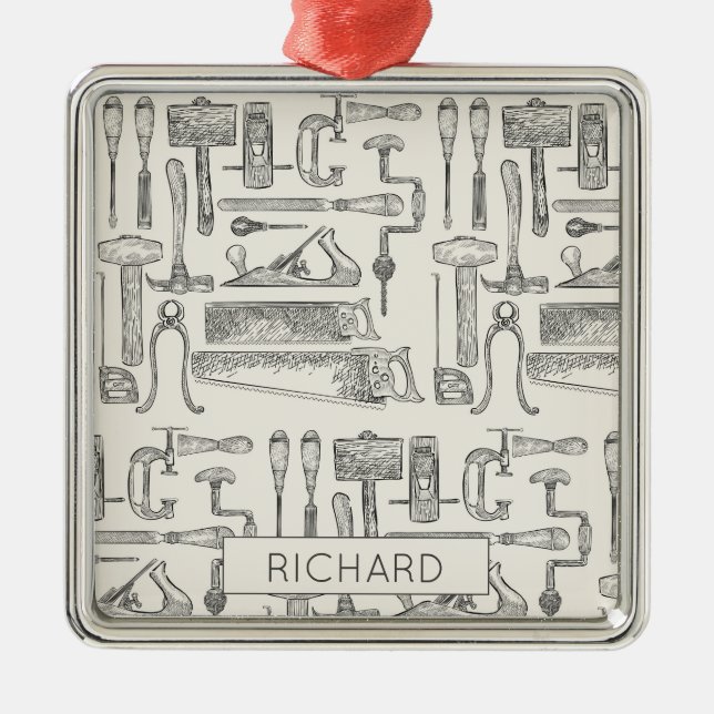 Vintage Woodworking Carpentry tools Illustration Metal Tree Decoration (Front)