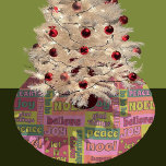 Vintage Word Collage 1970s Style Christmas Pattern Brushed Polyester Tree Skirt<br><div class="desc">Add a vintage touch to your Christmas decor this year with this retro style patterned tree skirt. It features a collage of Christmas greetings and sayings in a seventies style colour palette of pink,  orange,  red,  green and lime green.</div>