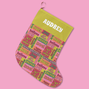Vintage Word Collage 1970s Style Personalised Large Christmas Stocking