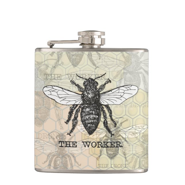 Vintage Worker Bee Illustration Art Hip Flask (Front)