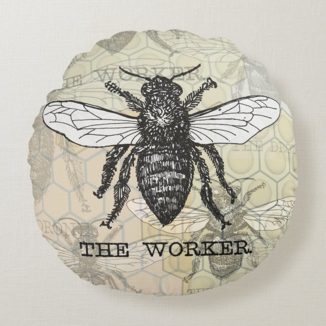 Vintage Worker Bee Illustration Art Round Cushion (Front)