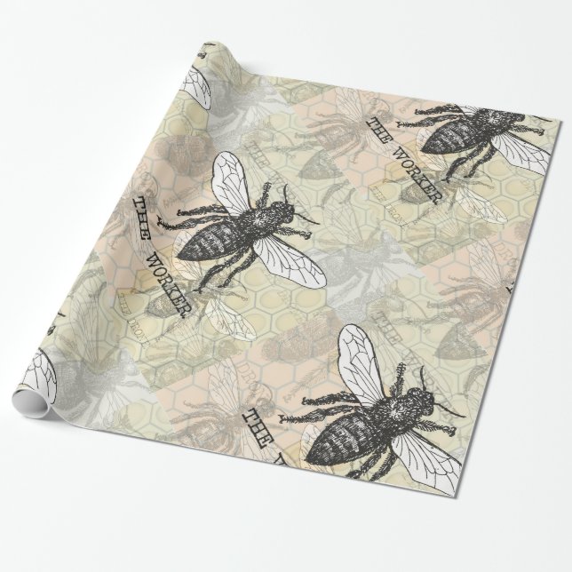 Vintage Worker Bee Illustration Art Wrapping Paper (Unrolled)