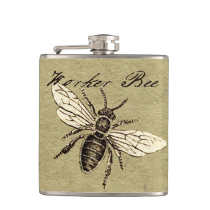 Vintage Worker Bee Insect Illustration Antique Hip Flask