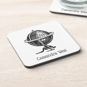Vintage World Globe Lithograph Drawing BW Coaster