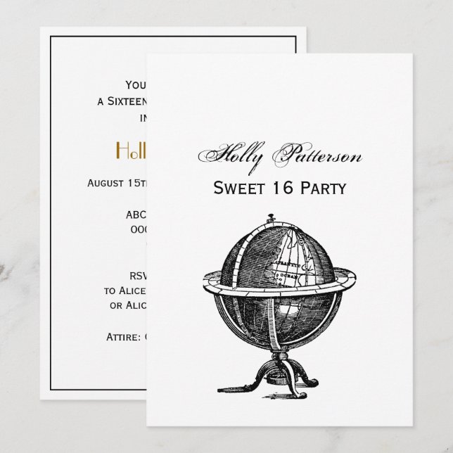 Vintage World Globe Lithograph Drawing BW Invitation (Front/Back)