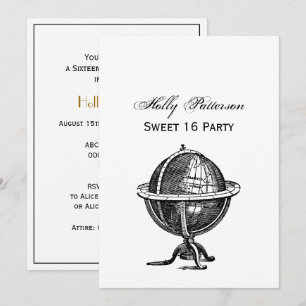 Vintage World Globe Lithograph Drawing BW Invitation