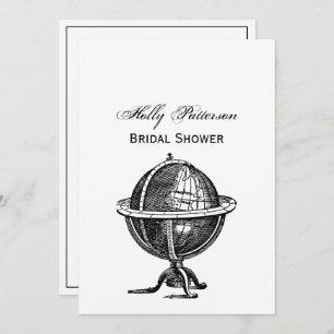 Vintage World Globe Lithograph Drawing BW Invitation