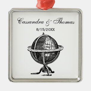 Vintage World Globe Lithograph Drawing BW Metal Tree Decoration