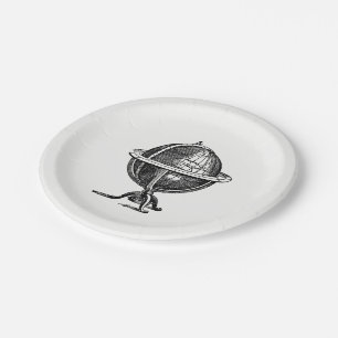 Vintage World Globe Lithograph Drawing BW Paper Plate