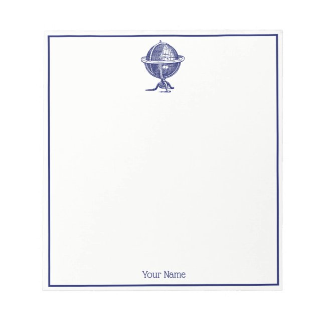 Vintage World Globe Lithograph Drawing Navy Notepad (Front)