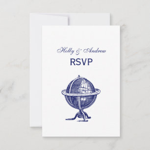 Vintage World Globe Lithograph Drawing Navy RSVP Card