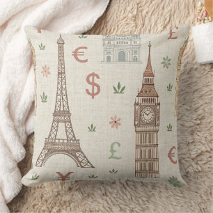 Vintage World Landmarks Travel Sketch Cushion