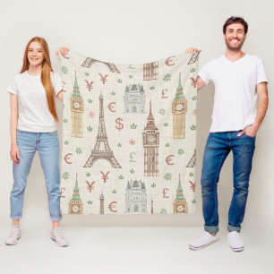Vintage World Landmarks Travel Sketch Fleece Blanket