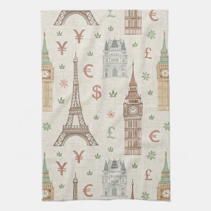Vintage World Landmarks Travel Sketch Tea Towel