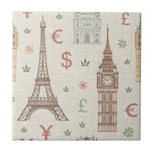 Vintage World Landmarks Travel Sketch Tile