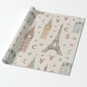 Vintage World Landmarks Travel Sketch Wrapping Paper