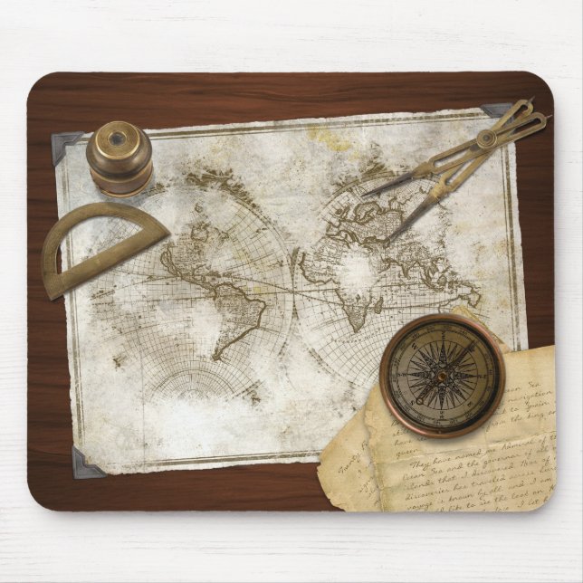 Vintage World Map And Tools Mouse Mat (Front)