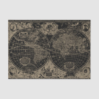Vintage World Map Black Beige Decoupage Tissue Paper