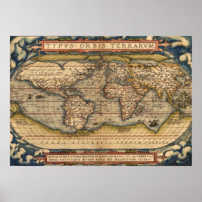 Vintage World Map by Abraham Ortelius 1564 Poster (Front)