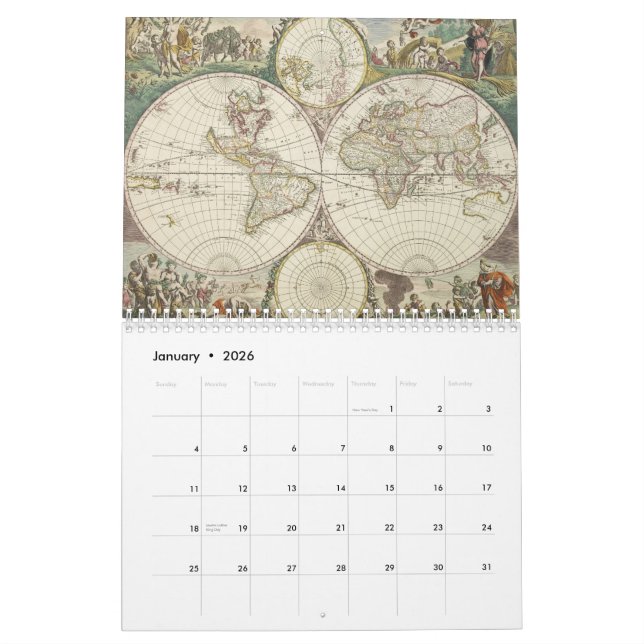Vintage World Map Calendar (Jan 2026)