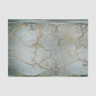 Vintage World Map Gold Grey Blue Tissue Paper