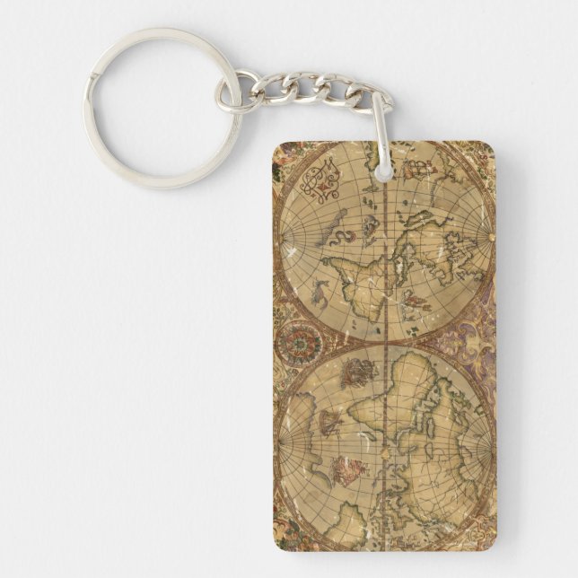 Vintage World Map Key Ring (Front)