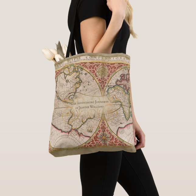 Vintage World Map Monogram Name Tote Bag (Close Up)
