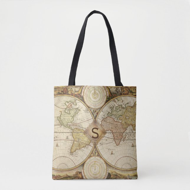 Vintage World Map Monogram Tote Bag (Front)