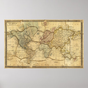 Vintage World Map Puzzle Illustration (1840) Poster