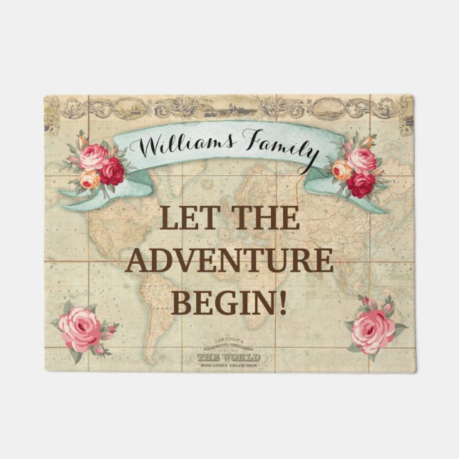 Vintage World Map Roses Customised Doormat (Front)