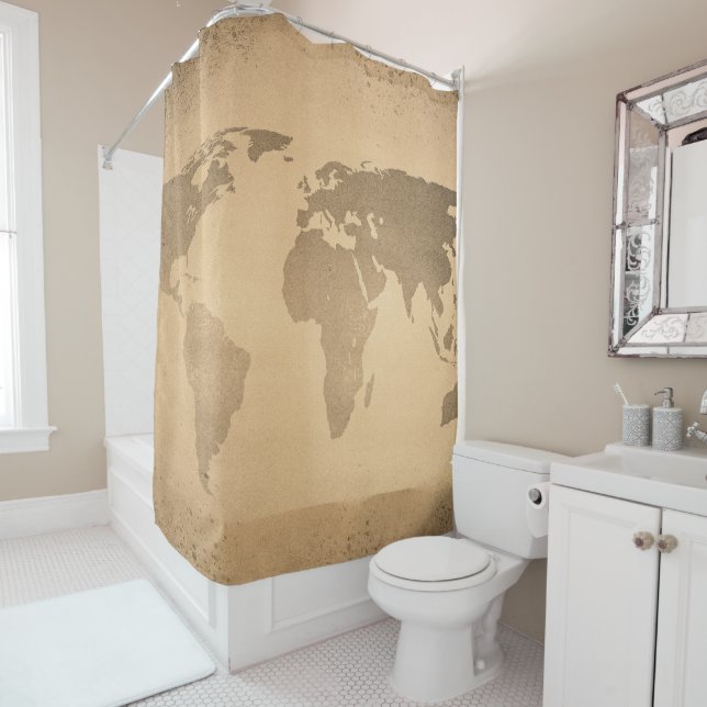 Vintage world map shower curtain (In Situ)