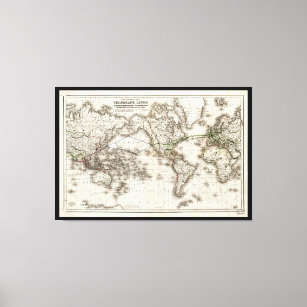 Vintage World Map Showing Telegraph Lines (1871) Canvas Print