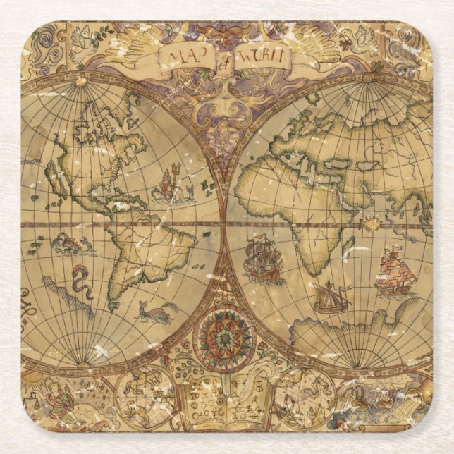 Vintage World Map Square Paper Coaster (Front)