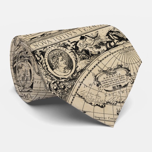 Vintage World Map Tan Black Tie (Rolled)