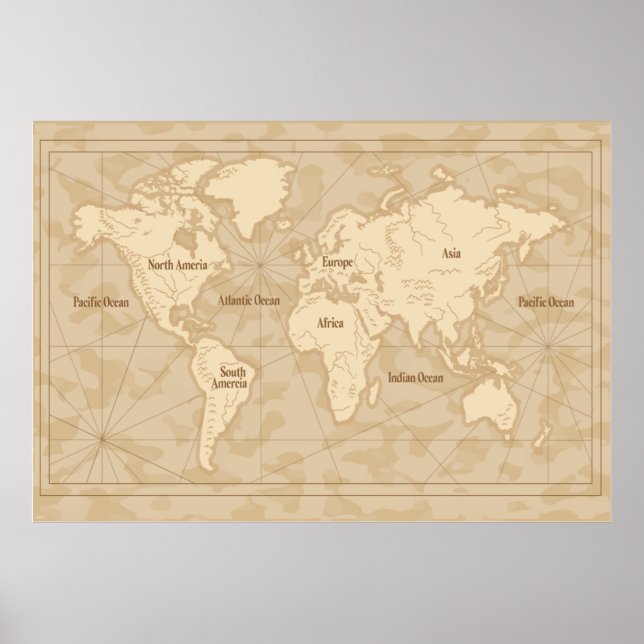VINTAGE WORLD MAP TRADITIONAL ILLUSTRATION POSTER (Front)