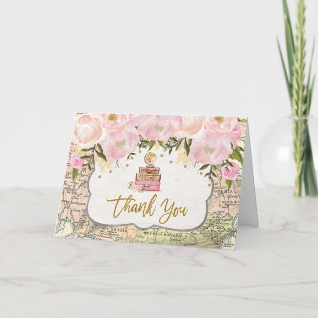 Vintage World Map Travel Blush Pink Floral Shower Thank You Card (Front)
