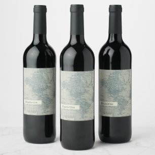 Vintage World Map travel customise your name Wine Label