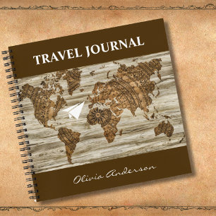 Vintage World Map, Travel Journal, Custom  Notebook